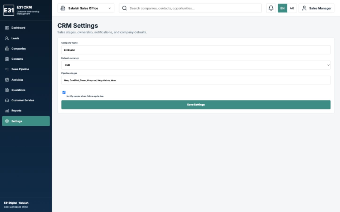 CRM System Settings