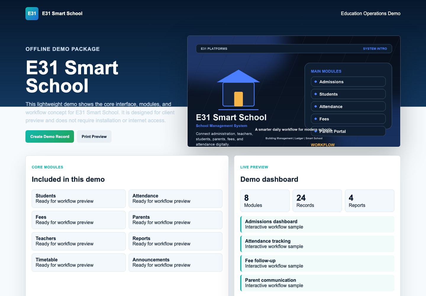 E31 Smart School demo preview