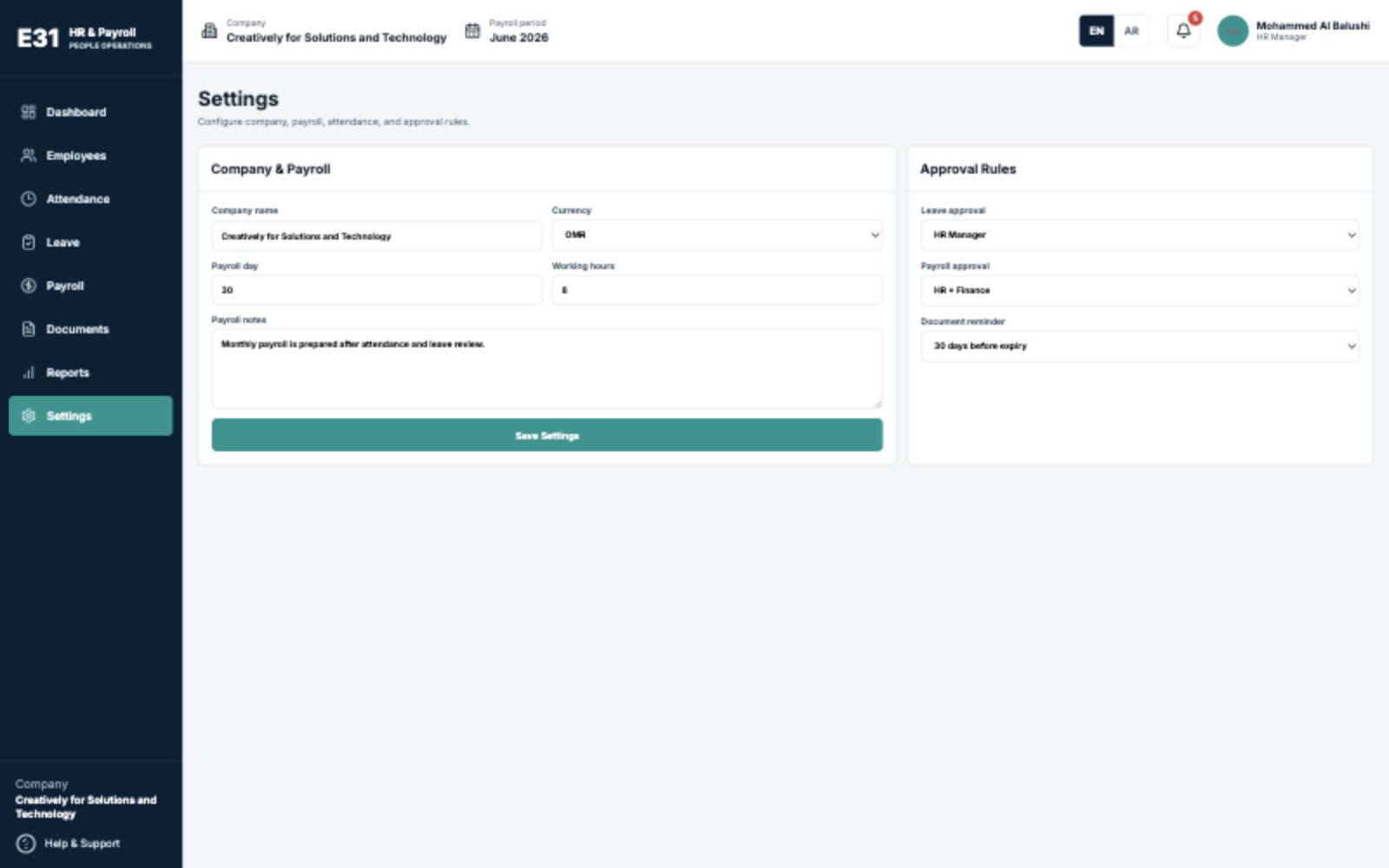 HR & Payroll System Settings