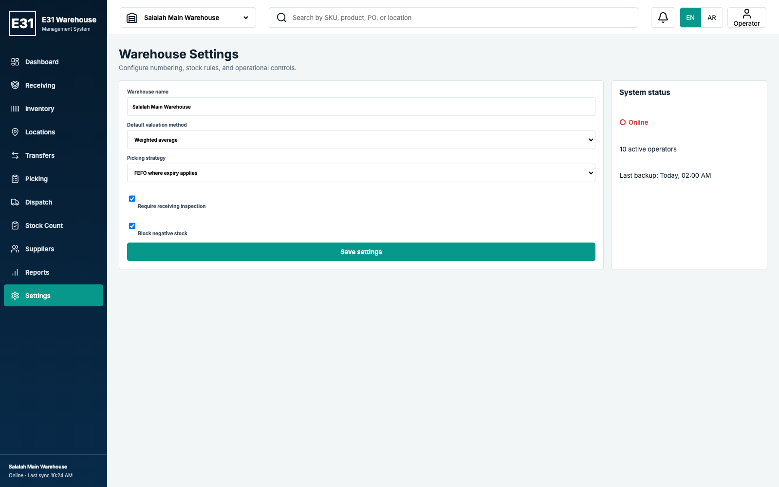 Warehouse System Settings